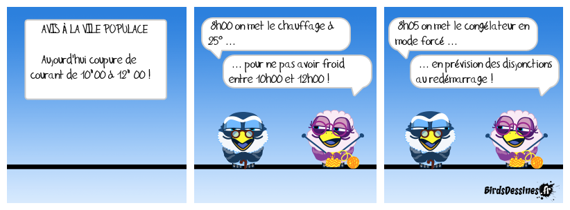08h10 : grosse pointe d'intensité --> disjonction !
12h10 : grosse pointe d'intensité --> disjonction !
Résultat : coupure de courant de 8h10 à ---- ? Si, si c'est possible... mais nos gouvernants ne sont pas au courant !