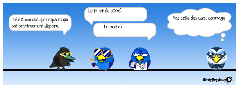 Inspiré par l'actu sur la biodiversité, et qq BD anciennes :<BR>
Monde financier : https://www.birdsdessines.fr/2019/01/06/cas-despeces/<BR>
Monde animal : https://www.birdsdessines.fr/2019/02/06/de-profondis/ Biodiversité en péril ?