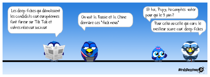 voir https://www.cnews.fr/vie-numerique/2024-04-15/europeennes-2024-faut-il-sinquieter-des-deepfakes-1483201 Vidéo parodique, deepfake, affiche retouchée : comment l'intelligence artificielle s'immisce dans la campagne européenne
