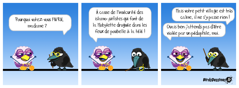 Une forte proportion des électeurs du FN/RN n'ont jamais eu de problèmes d'insécurité dans leur patelin reculé. C'est la télé qui leur apprend la peur. Quand on regarde trop les chaînes d'infox