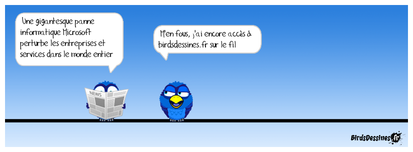 https://start.lesechos.fr/societe/economie/panne-informatique-mondiale-chez-microsoft-tout-ce-quil-faut-savoir-en-tant-quinternautes-et-voyageurs-2108987 Restons zen, y'a pas de quoi s'inquiéter.