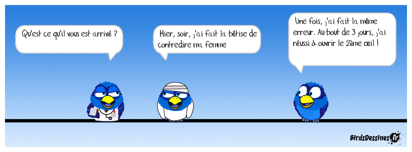 Inspiré par la blague :
- Pratiquez-vous des sports extrêmes ?
- De temps en temps, je contredis ma femme ! Le silence est d'or quand on pratique des sports extrêmes