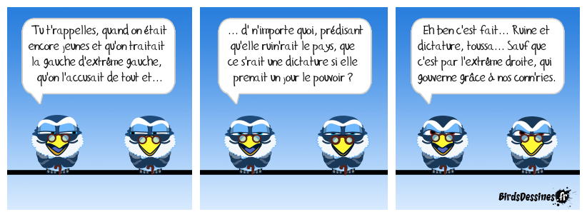 Mais ils diront qu'ils n'ont rien vu venir, qu'ils répétaient des discours fachos sans savoir que c'était facho, que c'est la faute de la télé qui leur bourrait le mou à leur insu en les désinformant... Pendant ce temps, dans quelques années...