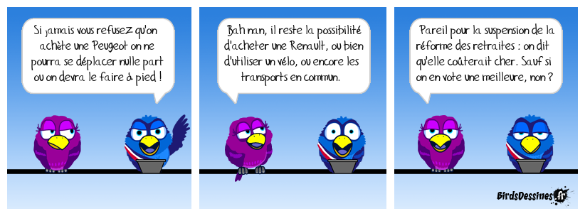 La suspension de la réforme des retraite est supposée coûter cher à la France, maintenant et dans quelques années. (Alors qu'on est infoutu de savoir ce qu'il en sera dans 6 mois, on nous raconte ce qui arrivera dans 10 ans !) L'arnaque, c'est qu'il est tout à fait envisageable de la remplacer par une réforme plus équitable, mieux financée, en particulier en faisant cotiser tout ce qui travaille, dont l'argent des actionnaires et les machines. Mais comme ce n'est une idée de droite, on tente de nous faire croire que seule la réforme en cours est possible... en attendant la prochaine nouvelle réforme encore plus ultralibérale. C'est ça, prenez-nous pour des cons