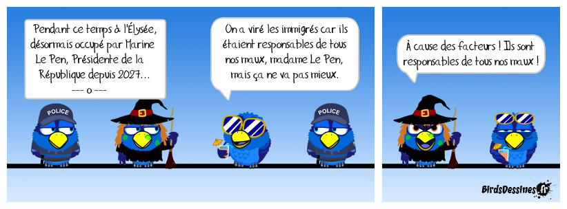 Le programme de FN/RN est extrêmement fluctuant, tantôt tapant à droite (il a toujours défendu avant tout les riches), tantôt tapant à gauche (rassurez-vous, pas sincèrement !). Mais il reste une constante absolue dans son credo : nos problèmes sont nécessairement la faute du bouc émissaire désigné. En règle générale, l'immigré évidemment. Elle se goure, ou ?...