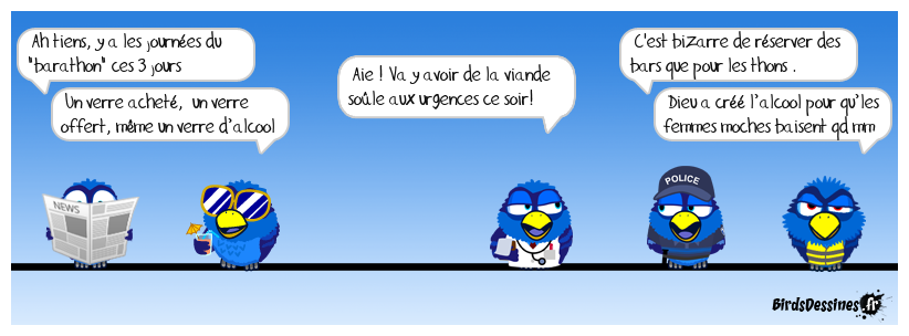 Pour les francophiles et la culture <BR>
Dernière case : citation de Coluche.<BR>
Plus d'informations: https://legrandbarathon.com/
Voir aussi celle de MB https://www.birdsdessines.fr/2017/07/27/reserve-aux-femmes/ Z'auraient pu choisir un autre nom !
